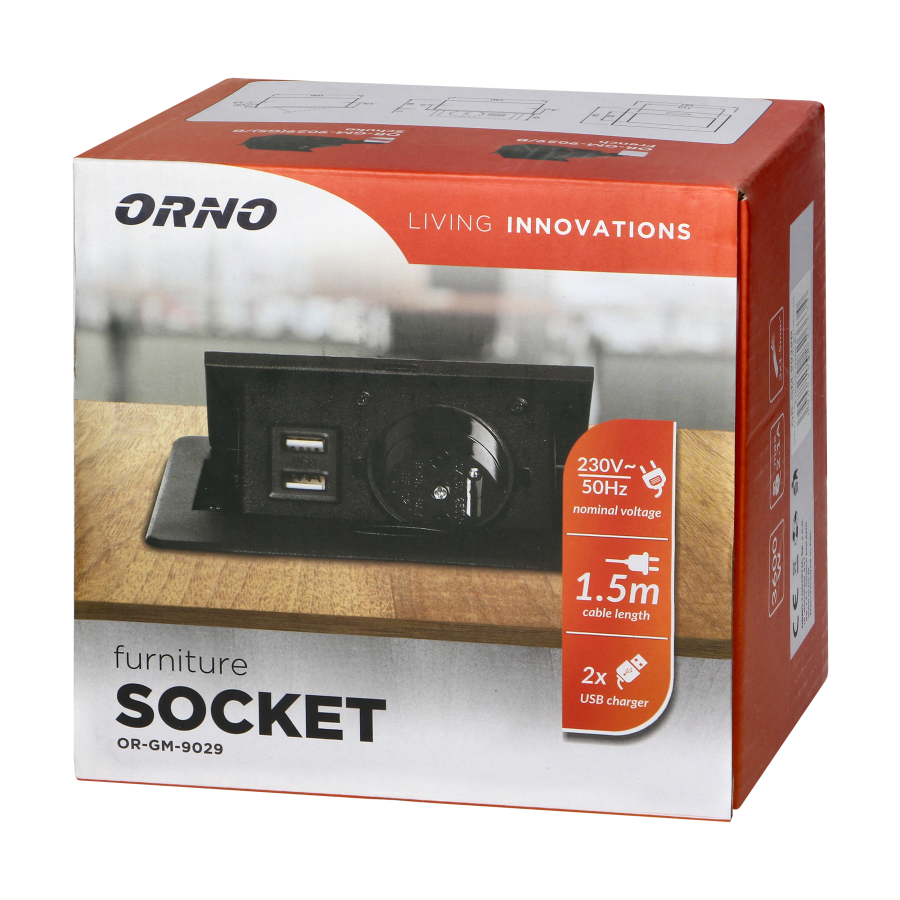 Recessed furniture socket with USB charger and 1.5m long cable, 1x2P+E Schuko, 2xUSB (type A, 2.1A), flat milled edge, black